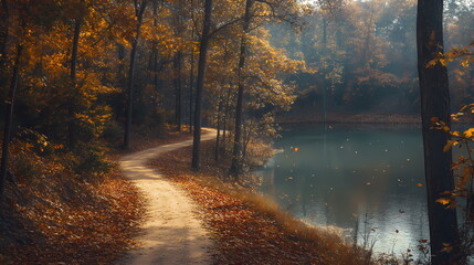 Winding path by the lake in autumn forest