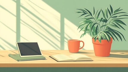 Peaceful workspace with tablet, notebook, mug, and plant in sunlight.