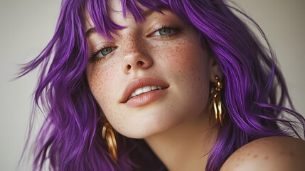 Fashion model showing purple hair and golden earrings