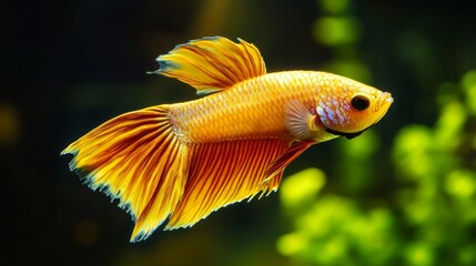 A betta fish swimming against a black background
