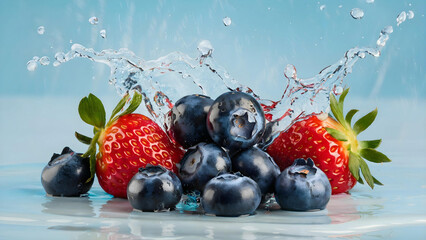 Juicy fresh strawberries and blueberries in clear water with a splash, creating a fresh and natural effect, symbolizing healthy eating, summer mood and the natural benefits of fruit