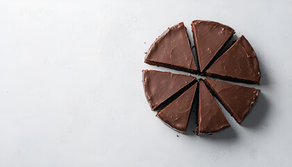 Chocolate cake with cut pieces on light gray background, top view, copy space. Classic chocolate cake with dark chocolate ganache
