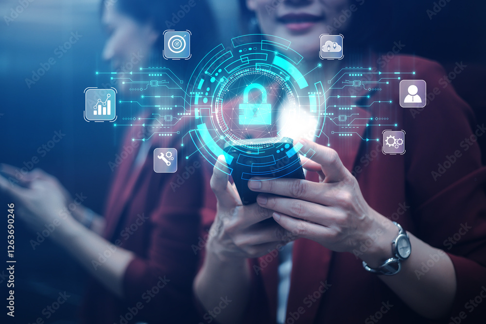 Poster cybersecurity concept business man shows how to protect cyber technology network from attack by hack