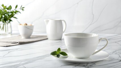 Fototapeta premium Minimalist table setting with a white cup, saucer, and pitcher on a marble countertop