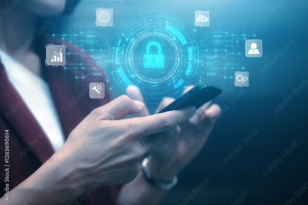 Poster cybersecurity concept business man shows how to protect cyber technology network from attack by hack