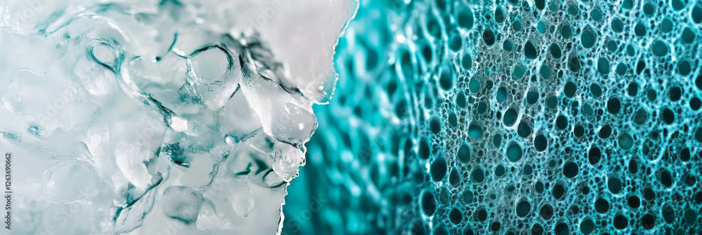 Poster texture study contrasting smooth ice and nylon netting with corrugated plastic background