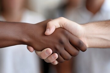 A close-up image capturing a handshake between two individuals of different ethnic backgrounds, emphasizing cultural diversity, unity, and professional relationships.
