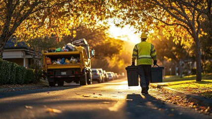 Obraz premium Autumn waste collection worker on city street
