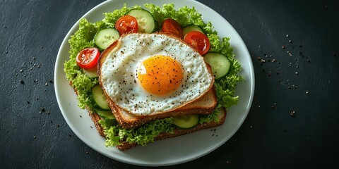 Delicious breakfast featuring toast topped with a fried egg, fresh cucumbers, and cherry tomatoes on a bed of lettuce