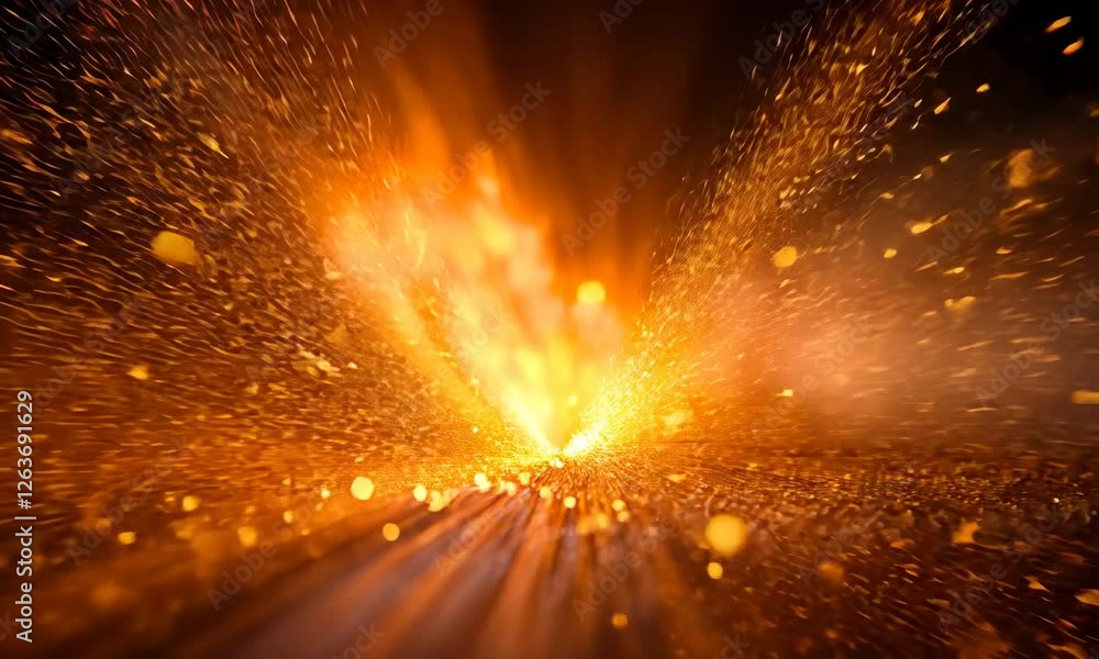 Poster a dynamic burst of particles erupting from a central source and exploding into a fountain of light c