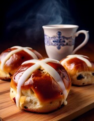 A close-up of freshly baked hot cross buns with golden-brown crusts, marked with traditional white icing crosses, accompanied by a steaming cup of tea. A cozy and inviting Easter tradition.