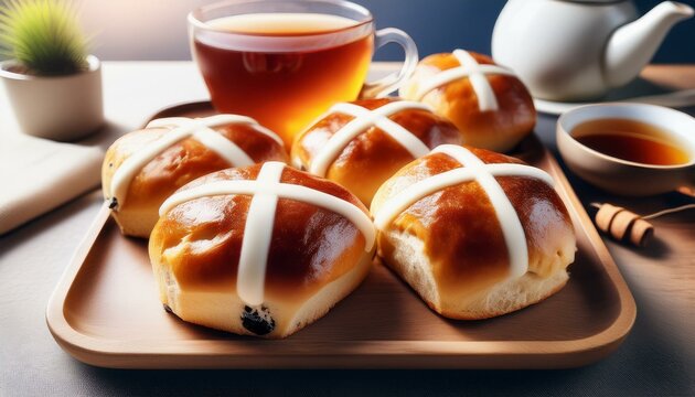 A close-up of freshly baked hot cross buns with golden-brown crusts, marked with traditional white icing crosses, accompanied by a steaming cup of tea. A cozy and inviting Easter tradition.
