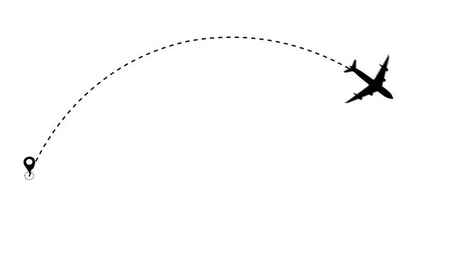 Airplane line path motion animation showing a flight route with dashed line trace from start point to destination. 4K animation video available in white background and green screen.