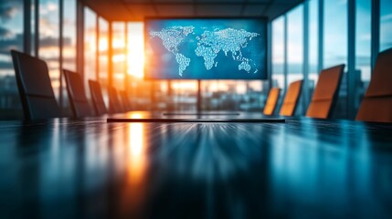 Modern boardroom with a global map and financial charts on a large screen, sunlight streaming in, representing geopolitics, business strategy, and financial risk analysis.