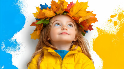 Girl in autumn leaves crown, looking up, painted background, fall season