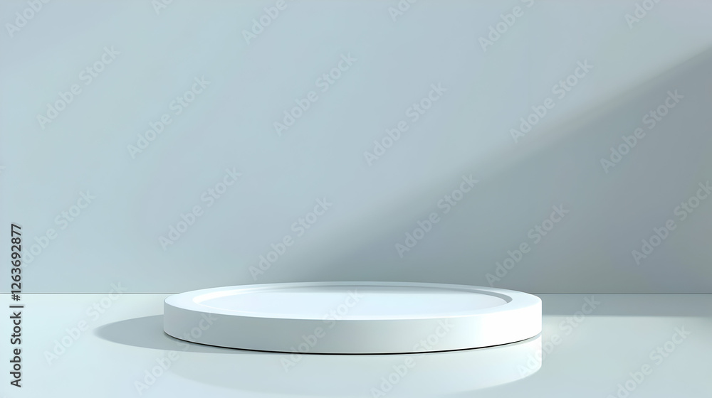 Poster Minimalist white display platform against a soft gray wall, creating a serene atmosphere