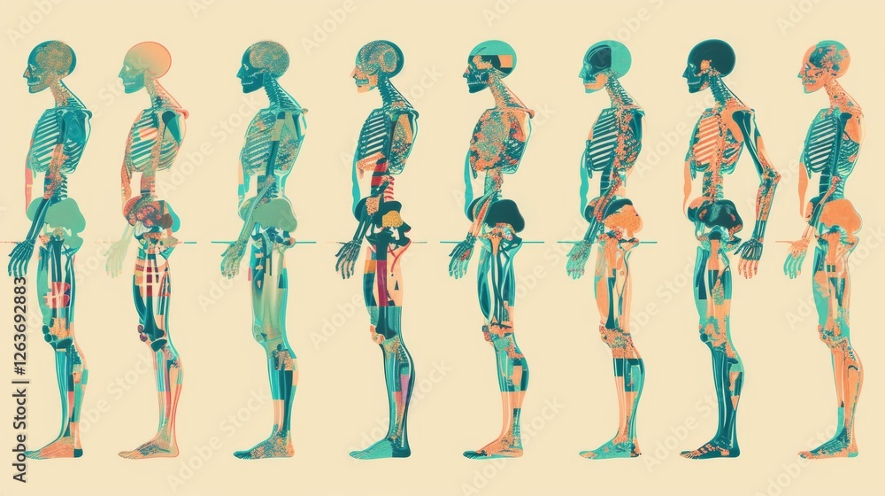 Poster detailed artistic illustration of skeletons in sequence, enhanced with vivid colors and layered patt