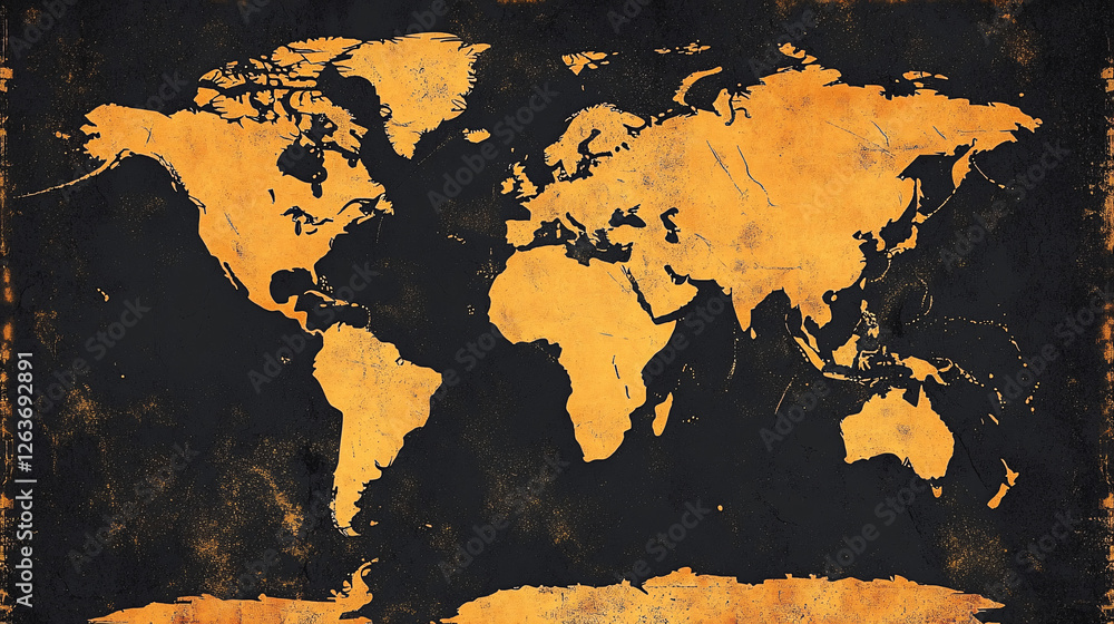 Poster a weathered world map with a golden tone is set against a dark distressed background creating a bold