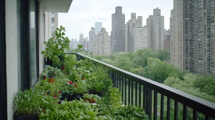 Fototapeta premium Lush green balcony garden filled with potted plants overlooks a city park and urban skyscraper skyline during the day.
