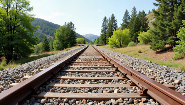 Clean parallel train tracks in scenic landscape, symbolizing progress