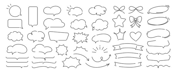 Set of hand drawn doodle speech bubble line balloon frame text box. Comic doodle underlines, icons, emphasis, speech bubbles, arrows, shapes and decoration. Vector illustration
