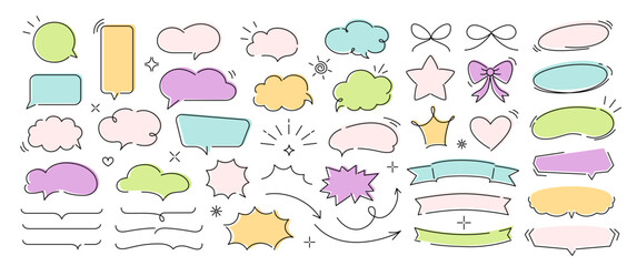 Set of hand drawn colorful doodle speech bubble line balloon frame text box. Comic doodle underlines, icons, emphasis, speech bubbles, arrows, shapes and decoration. Vector illustration
