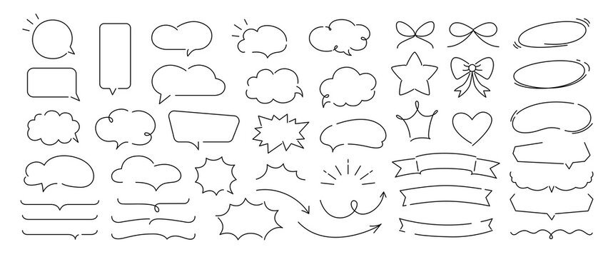Set of hand drawn doodle speech bubble line balloon frame text box. Comic doodle underlines, icons, emphasis, speech bubbles, arrows, shapes and decoration. Vector illustration