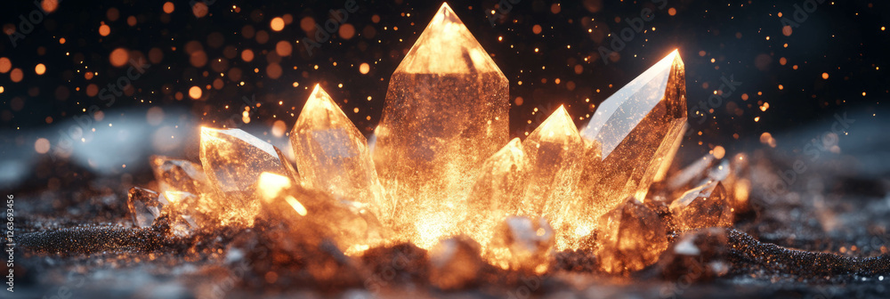 Poster overlapping crystal flares create captivating light effects and textures in a chaotic arrangement