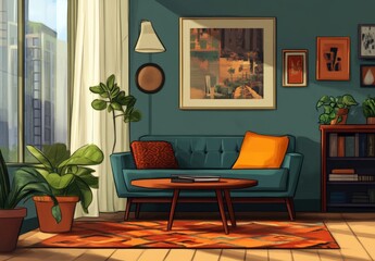 Apartment reading nook in mid century modern style.
