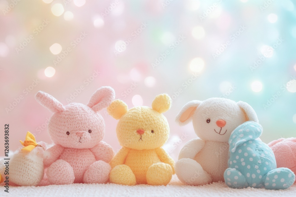 Poster Cute knitted stuffed animals displayed on a soft surface with a colorful blurred background during daytime. Generative AI