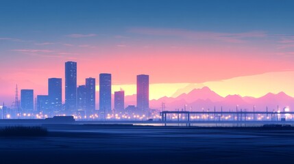 Obraz premium Minimalist city skyline at dusk with pastel hues, soft evening light, and distant mountains, creating a serene and modern urban landscape.