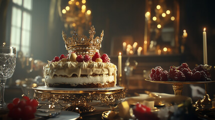 Majestic multi-tiered cake with gold and red decorative details, featuring a royal crown, set in an elegant candle-lit environment.