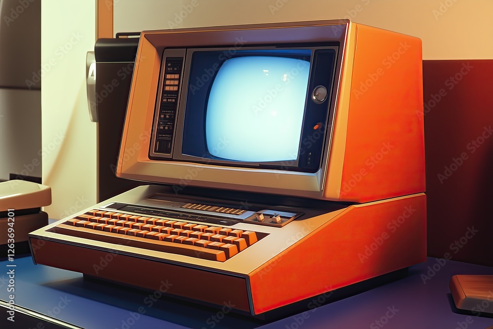 Aufkleber retro futuristic desktop computer with keyboard and empty screen on workspace background