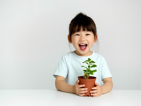 Adorable 2-Year-Old Child Holding Small Potted Plant with Big Smile, Sustainability and Environmental Care Concept