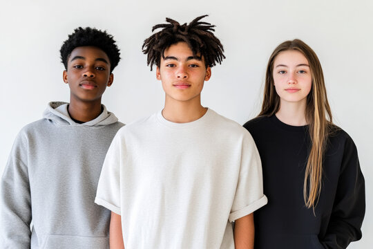 photo of white, black and asian teens wearing sweatshirts, tee shirts, on a white background 