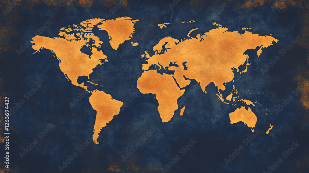 Poster a golden world map is displayed on a deep blue textured background creating an elegant and contrasti