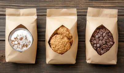 Fototapeta premium Three Brown Paper Bags with Open Windows Containing Flour, Oat Cookies, and Chocolate Chips Set Against a Rustic Wooden Background