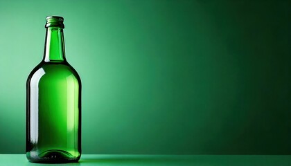 Green glass bottle on a bright green background in a minimalist setting