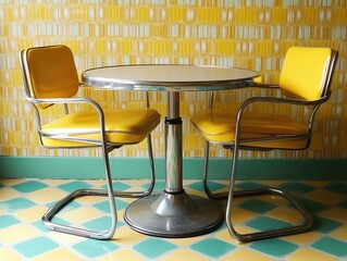 Retro futuristic cafe interior with polished metal table and pair of chairs