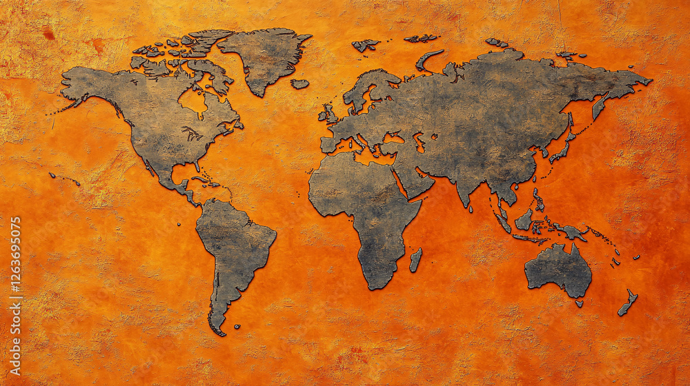 Poster a dark textured world map is displayed on a rustic orange background creating an antique and artisti