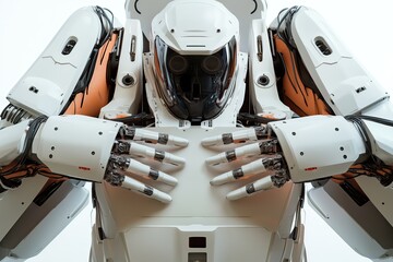 Futuristic robot with hands on chest ready for action close up isolated on white background