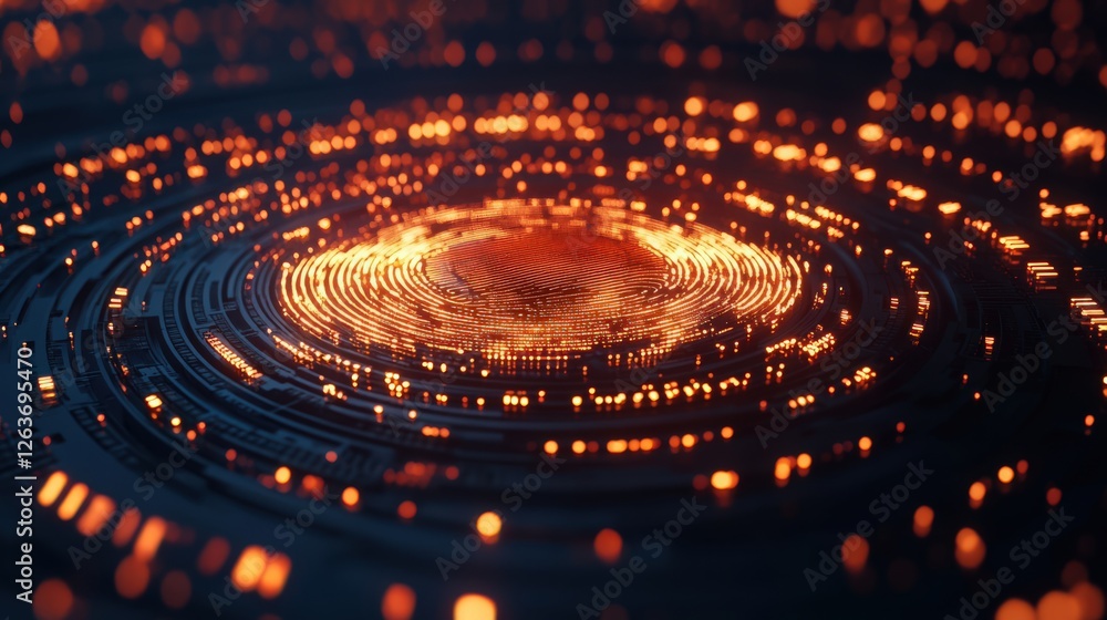 Poster abstract technological fingerprint with glowing orange light and data stream