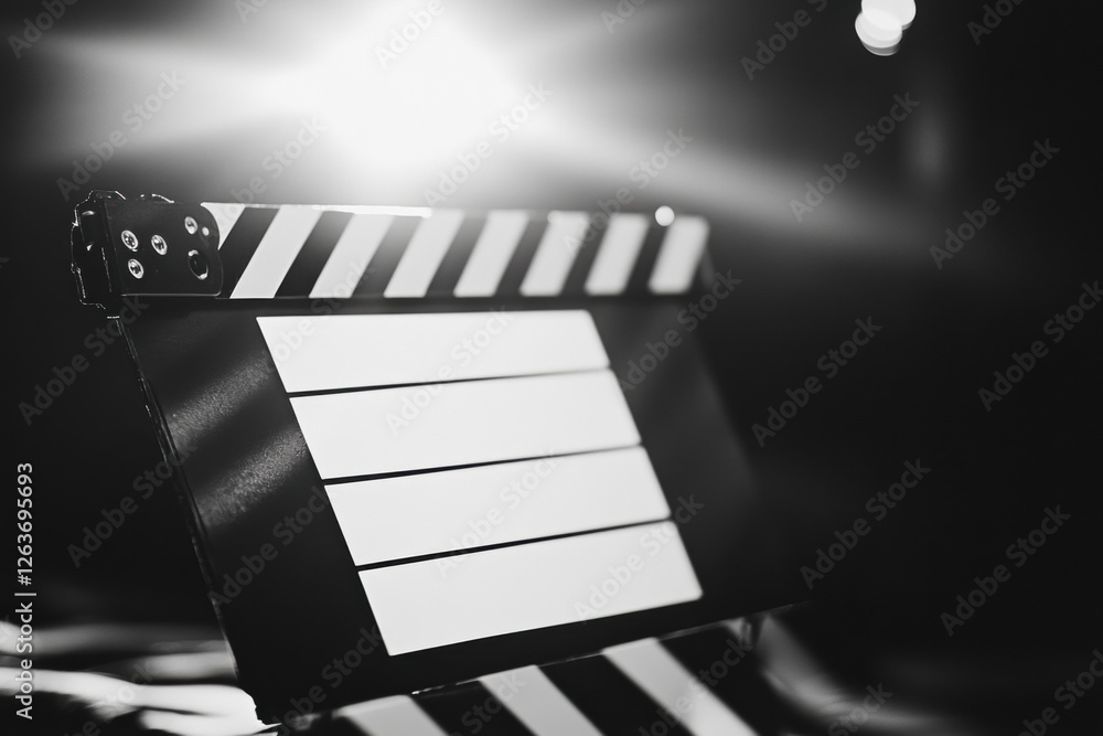 Poster movie clapperboard ready for filming with bright lights in the background during a production setup.