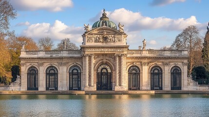 Obraz premium Neoclassical building beside a tranquil lake, surrounded by lush trees under a blue sky with white clouds, symbolizing elegance, history, and architectural beauty.