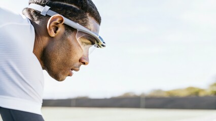 An athlete intently focuses on their smart glasses which are projecting vital health data in augmented reality highlighted against a blurred background of a fitness field.