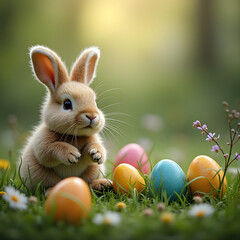 cute rabbit surrounded by colorful Easter eggs in grassy field