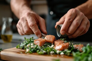 Skilled hands prepare a healthy dish featuring salmon and greens, showcasing culinary art and the joy of cooking, emphasizing freshness, healthiness and plate presentation.
