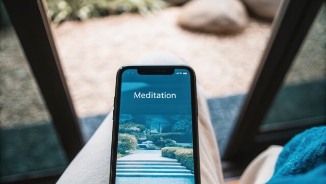 A closeup of a meditation app open on a smartphone juxtaposed against calming surroundings illustrating the use of digital tools for emotional and psychological selfoptimization.