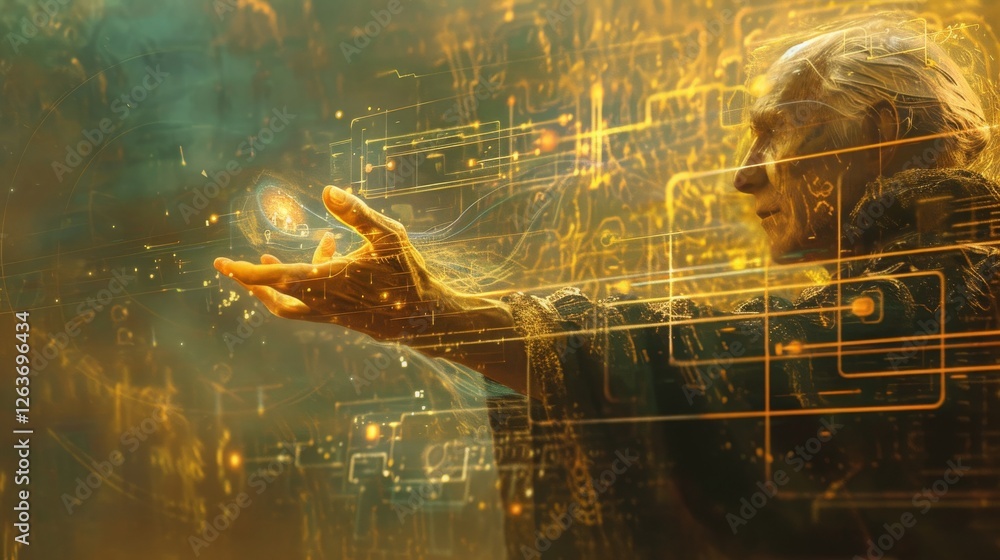 Poster an elderly figure extending a hand, surrounded by glowing golden technological patterns, creating a 