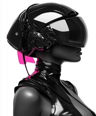 Profile of woman wearing futuristic helmet and retro leather vest in black and white with bright pink glowing piece isolated on white background